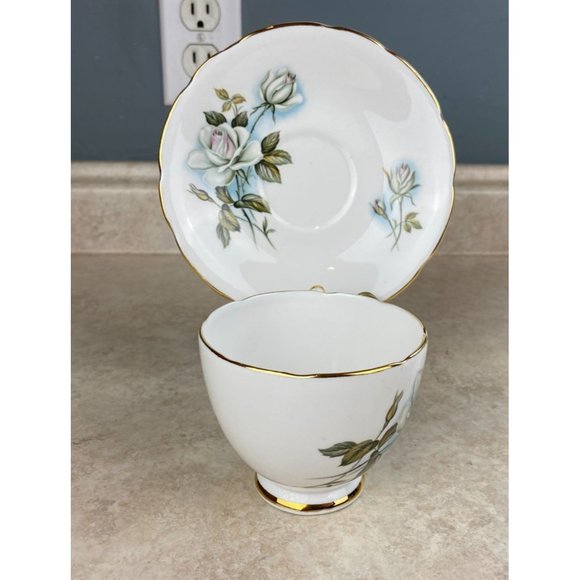 Delphine Bone China England White Stemmed Rose Tea Cup And Saucer Set - Picture 3 of 9
